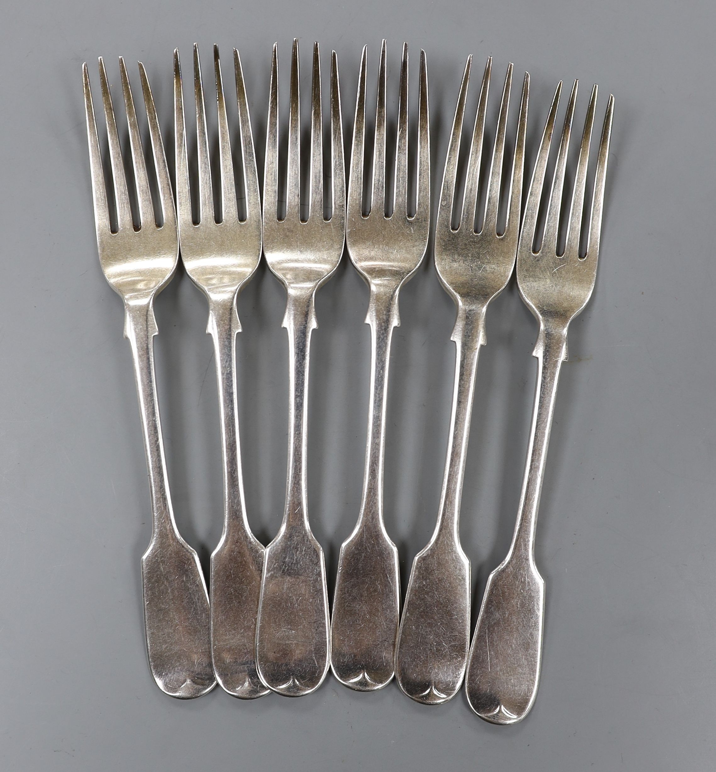 A set of six Victorian silver fiddle pattern dessert forks, London, 1863, 7.5oz.